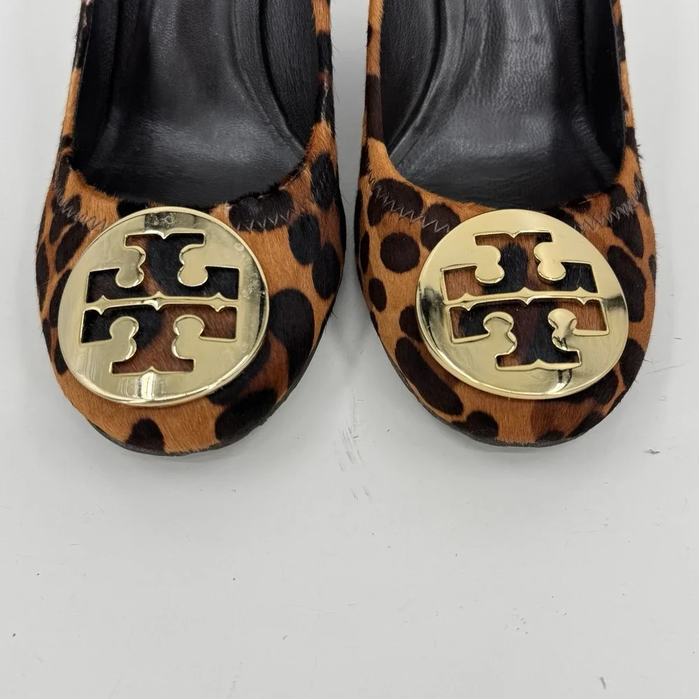 TORY BURCH Leopard Pony Hair / Gold Logo High Wedge Heel Sz 6.5